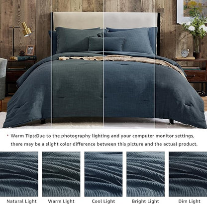 Geniospin Twin Comforter Set - 5 Pieces Comforter Twin Size, Solid Bedding Sets for All Season, Textured Bed in a Bag with Flat Sheet and Fitted Sheet, Pillowcases and Shams (Navy Blue, 66''x86'')