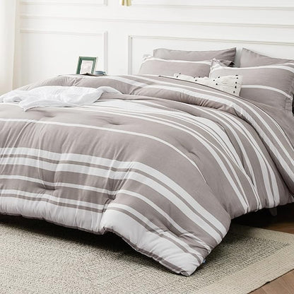 Bedsure Full Comforter Set 7 Pieces, Taupe Striped Bedding Set for All Seasons, Reversible, Cationic Dyeing Bed in a Bag with Comforter, Sheets, Pillowcases & Shams