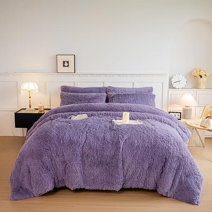 chovy Faux Fur Plush Purple Comforter Sets Twin/Full Size - Ultra Soft Shaggy Flannel Velvet Fluffy Fuzzy 3PC Bedding Set (Comforter x 1 Pillowcases x 2)