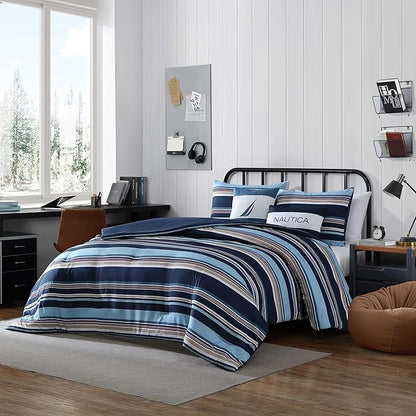 Nautica - Twin/Twin XL Comforter Set, Ultra Soft Bedding with a Woven Textured Feel, Medium Weight for Year Round Comfort, 4 Piece Bed Set with Matching Pillowcase & Bonus Throw Pillows (Colton Blue)
