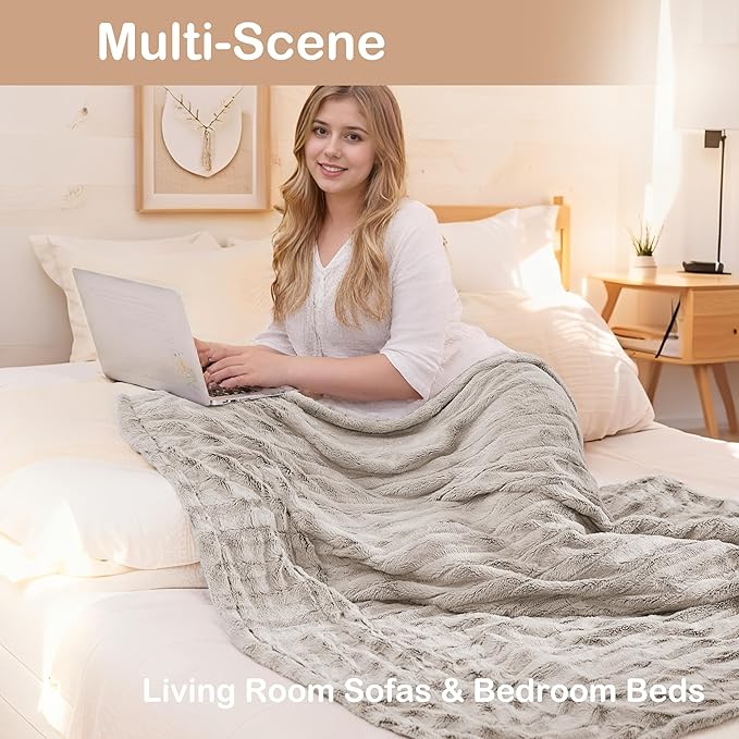 Electric Heated Blanket Throw Size 50"x60", Fast Heating Throw, Plush Faux Fur for Sofa & Office,4 Heating Levels & 10 Hours Auto Off, Machine Washable, Gifts for Family-Light Brown