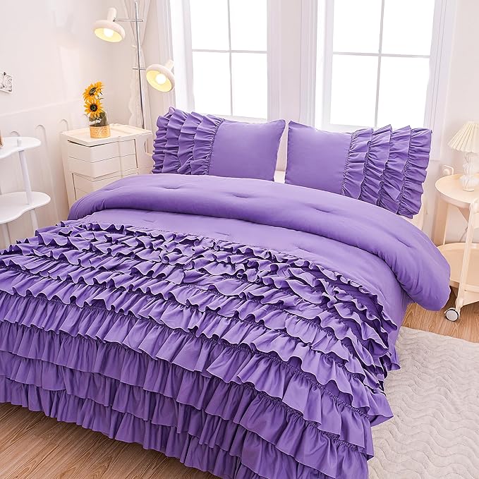 MWMWMW Girls Purple Ruffle Comforter Set Full, Purple Ruffle Bedding Set, 3Pcs Full Size Bedding Sets for Kids Girls, All Season Use