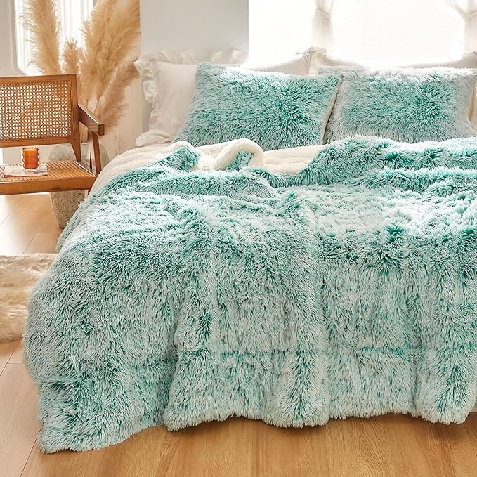 Luxury Faux Fur Shaggy Comforter Set King Size, Plush & Sherpa Reversible Comforter Teal with White, 3 Pieces Fluffy Fuzzy Bedding Set Ultra Soft and Warm for Winter (1 Comforter + 2 Pillowcases)