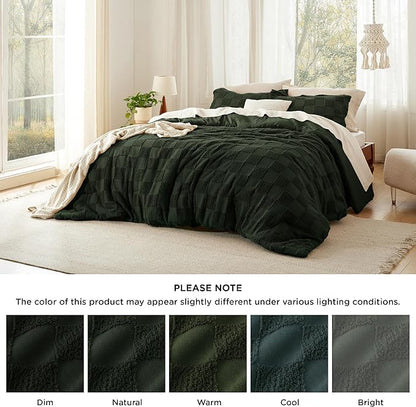 Bedsure Full Size Comforter Set Dark Olive Green, Boho Tufted Bed Set, Checkered Farmhouse Shabby Chic Bedding, 3 Pieces, 1 Plaid Geometric Comforter and 2 Pillow Shams