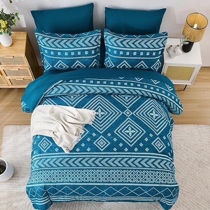 Yiran Teal Blue Comforter Set Queen Size, 7 Piece Boho Aztec Bedding Set, Geometric Bed in a Bag Queen, Soft Microfiber Bohemian Striped Complete Bedding Set with Sheets for All Season