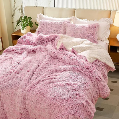 Luxury Faux Fur Shaggy Fluffy Comforter Set Full/Queen Size Mixed Old-Pink and White Long Hair, 3 Pieces Plush Flannel Sherpa Backing Reversible Soft Microfiber Bedding Set Super Warm for Winter
