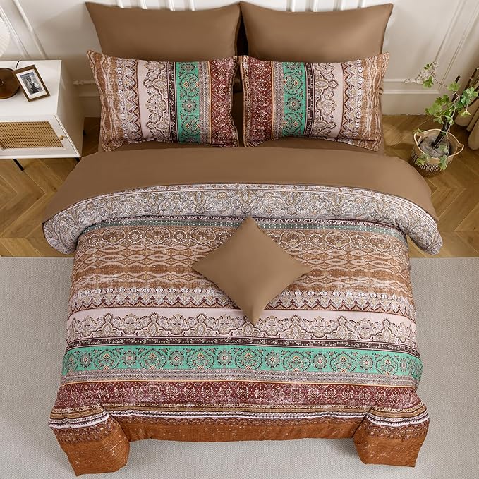 Cottolester Boho Queen Comforter Set 8 Pieces, Brown Bohemian Striped Bed in a Bag, Paisley Soft Microfiber Bedding Comforter Set