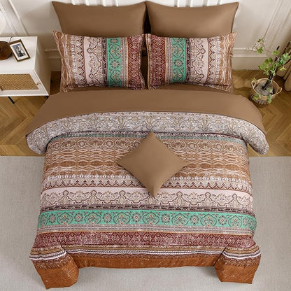 Cottolester Boho Queen Comforter Set 8 Pieces, Brown Bohemian Striped Bed in a Bag, Paisley Soft Microfiber Bedding Comforter Set