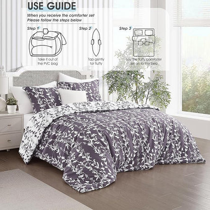 Grayish Purple Comforter Set, King Size, Vivid Leaves Branch 3 Pieces Bedding Set, Soft Polyester Microfiber Print, All Seasons, 1 Lightweight Comforter and 2 Pillow Shams