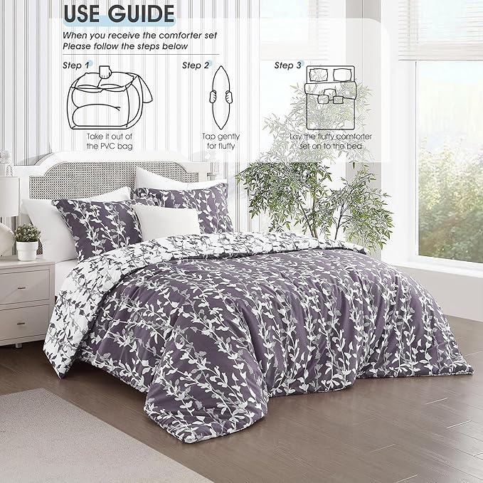 Grayish Purple Comforter Set, Full Size, Vivid Leaves Branch 3 Pieces Bedding Set, Soft Polyester Microfiber Print, All Seasons, 1 Lightweight Comforter and 2 Pillow Shams