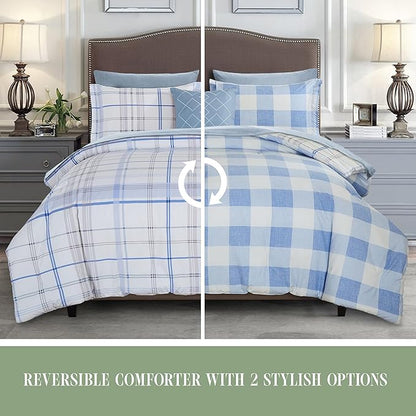 Elegant Comfort 8-Piece Lodge Plaid Reversible Comforter Set - All Season Bed in a Bag, 4-Piece Sheet Set Featuring Smart Pockets, Matching Shams and Decorative Pillow, Twin/Twin XL, Aqua