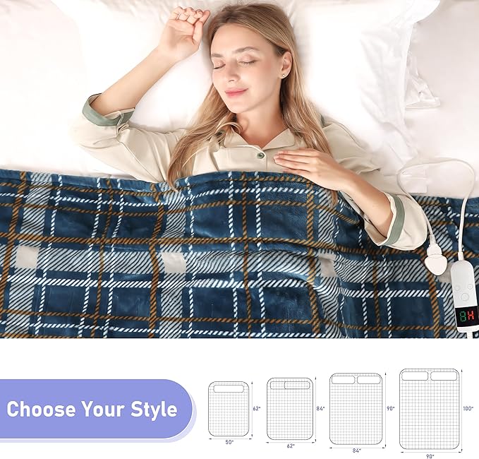 Electric Blanket Heated Throw, Soft Flannel 50"x60" Plaid Heating Blanket with 8 Hours Auto Off 10 Fast Heating Levels Machine Washable Sherpa Heated Blanket with Overheating Protection