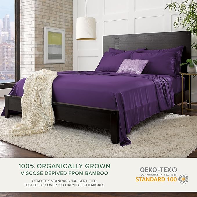 Pure Bamboo King Sheets, Genuine 100% Organic Viscose Derived from Bamboo Bed Sheet Set, Luxuriously Soft & Cooling, Double Stitching, 2 Year Quality Promise (King, Purple)