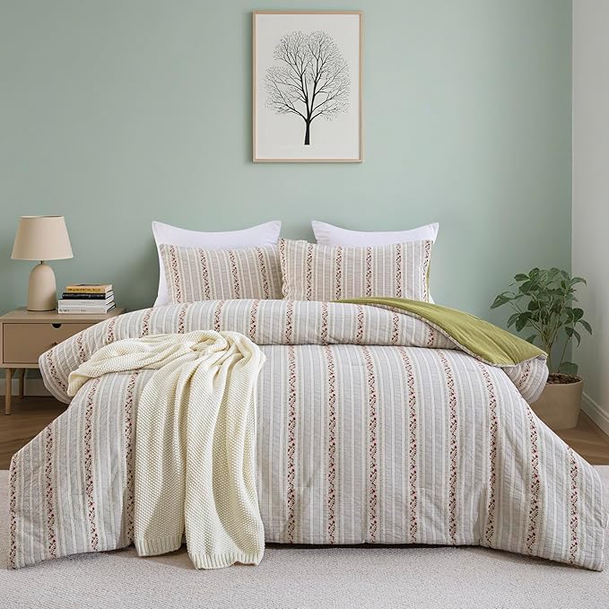 100% Cotton Jacquard Comforter Set, Striped Floral Print, Soft Lightweight Reversible 3 Piece Bedding Sets for All Season, King(104"x90")