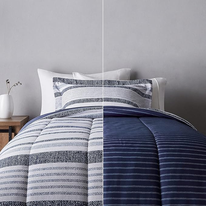 Amazon Basics Twin/Twin XL Size Ultra-Soft Lightweight Microfiber Reversible 2-Piece Bedding Comforter Set, Blue Denim/Beige Stripes