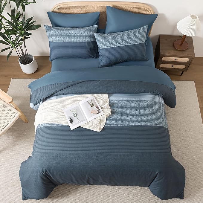 Andency California King Comforter Set Haze Blue - 7 Pieces Striped Lightweight Bed in a Bag, Soft Microfiber Reversible Bedding Set with Comforter, Fitted & Flat Sheet, Pillowcases & Shams