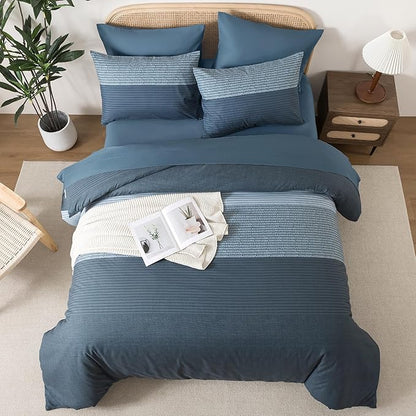 Andency King Size Comforter Set Haze Blue - 7 Pieces Striped Lightweight Bed in a Bag, Soft Microfiber Reversible Bedding Set with Comforter, Fitted & Flat Sheet, Pillowcases & Shams