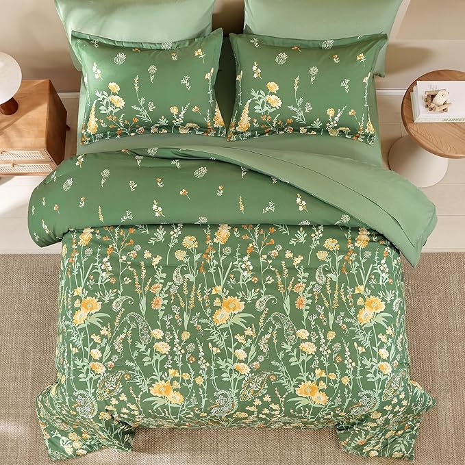 Yiran 7 Piece Sage Green Watercolour Floral Comforter Set King Size, Watercolour Botanical Comforter Bedding Set, Bed in a Bag King, Soft Microfiber Complete Bedding Set with Sheets for All Season