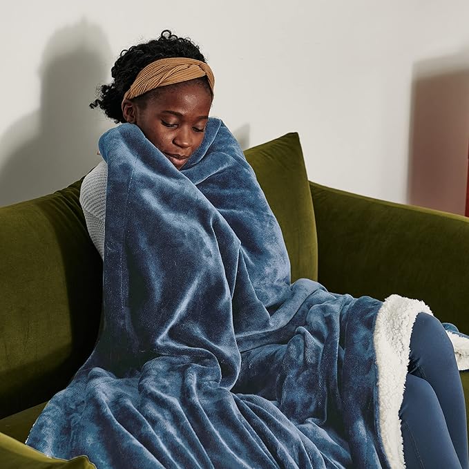 Bedsure GentleSoft Sherpa Fleece Blankets Queen Size for Bed - Thick and Warm Throw for Women and Men, Soft Fuzzy Plush Queen Blanket for Winter, Non-Heated, Slate Blue, 90x90 Inches