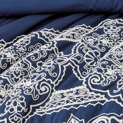 Sunshine Nicole Reversible Comforter Set, Brushed Microfiber Fabric with Embroidery for Front and Printed Microfiber Fabric for Reverse, 3 Pieces Navy Queen