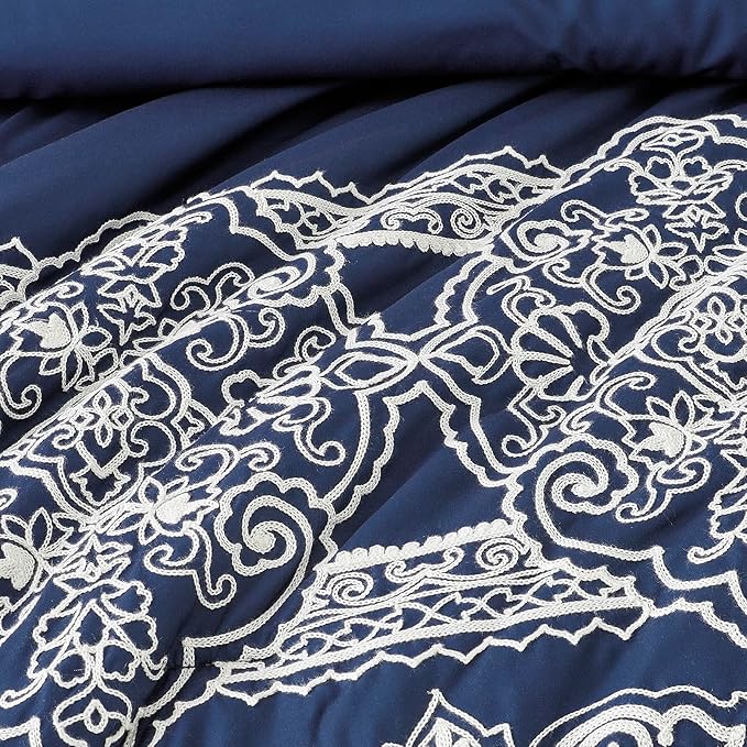 Sunshine Nicole Reversible Comforter Set, Brushed Microfiber Fabric with Embroidery for Front and Printed Microfiber Fabric for Reverse, 3 Pieces Navy King