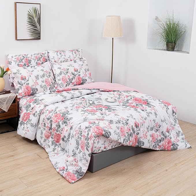 Floral King Comforter Set with Sheets, 7 Piece Luxury Vintage Bedding, Soft Microfiber Bed in a Bag, Cozy Lightweight Bed Set, Pink Flower Grey Leaf