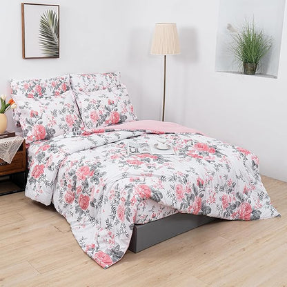 Floral Queen Comforter Set with Sheets, 7 Piece Luxury Vintage Bedding, Soft Microfiber Bed in a Bag, Cozy Lightweight Bed Set, Pink Flower Grey Leaf