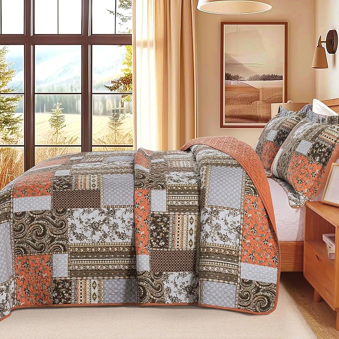 BEDIFANY Farmhouse Cotton Quilts Queen Size for Fall - Lightweight Patchwork Autumn Bedspread Set for Bed Coverlet - Highly-Woven Soft Reversible Bed Spread for All Seasons (Floral Orange) 3 Pieces