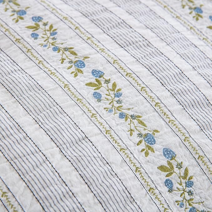 100% Cotton Jacquard Comforter Set, Striped Floral Print, Soft Lightweight Reversible 3 Piece Bedding Sets for All Season, Queen(90"x90")