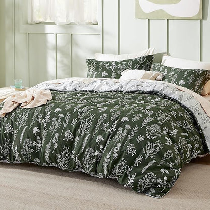 Bedsure Queen Comforter Set - Dark Olive Green Bed Set, 3 Pieces Cute Floral Bedding, 1 Soft Reversible Botanical Flowers Comforter and 2 Pillow Shams