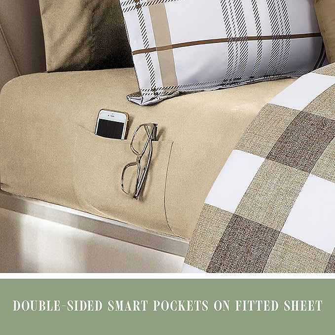 Elegant Comfort 8-Piece Lodge Plaid Reversible Comforter Set - All Season Bed in a Bag, 4-Piece Sheet Set Featuring Smart Pockets, Matching Shams and Decorative Pillow, Twin/Twin XL, Taupe