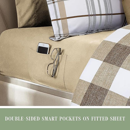 Elegant Comfort 8-Piece Lodge Plaid Reversible Comforter Set - All Season Bed in a Bag, 4-Piece Sheet Set Featuring Smart Pockets, Matching Shams and Decorative Pillow, King/California King, Taupe