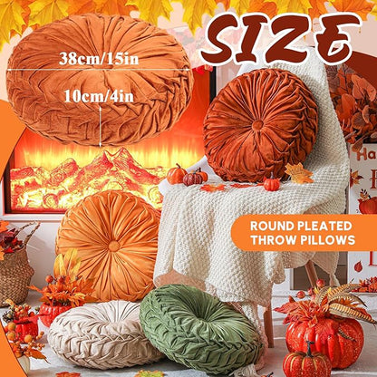 4 Pcs Round Throw Pillows Decorative Velvet Pleated Throw Pillows 15'' Diameter Accent Pumpkin Boho Chair Cushion for Couch Sofa Chair Bed Home Decoration (Fall Color)