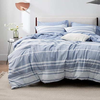 Bedsure King Comforter Set 7 Pieces, Blue Striped Bedding Set for All Seasons, Reversible, Cationic Dyeing Bed in a Bag with Comforter, Sheets, Pillowcases & Shams