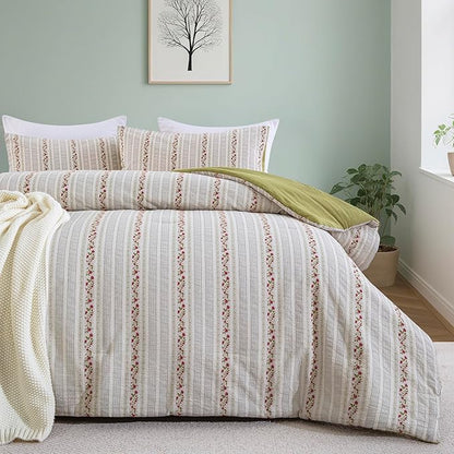 100% Cotton Jacquard Comforter Set, Striped Floral Print, Soft Lightweight Reversible 3 Piece Bedding Sets for All Season, Queen(90"x90")