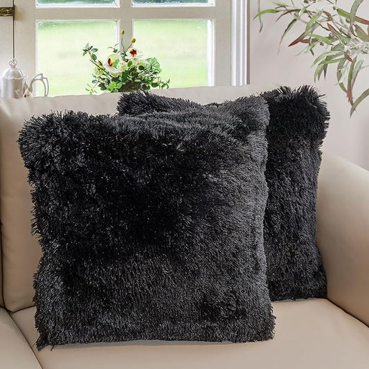 Cheer Collection Throw Pillows for Couch and Bed, Soft Shaggy Throw Pillows with Inserts Included, Cozy Long Hair Faux Fur Pillows - Set of 2-20" x 20" - Black