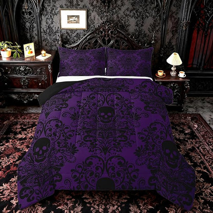 Feelyou Adults Gothic Skull Bedding Set Twin Size Kids Damask Print Comforter Goth Bohemian Duvet Breathable Soft Lightweight Microfiber Black Purple Room Decor with 1 Pillowcase