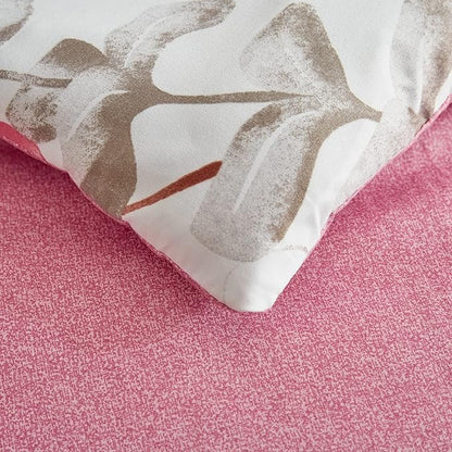 Pink Floral Comforter Sheet Set Bed in a Bag 7 Pieces Queen Size Pink Gray Flower Leaves Bedding Set (1 Comforter 2 Pillow Shams 1 Flat Sheet 1 Fitted Sheet 2 Pillowcases)