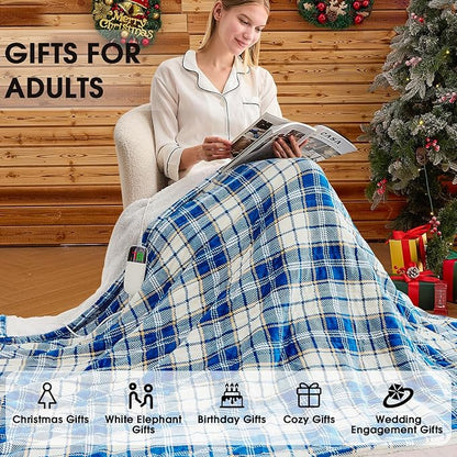 Heated Electric Blanket Twin Size,62X84 Heating Blanket with 10 Heats Levels&8 Hours Auto Off&Timer,Blue Plaid Soft Cozy Sherpa Blankets Warmer Gifts for Grandma Women Adult,Fast Heating Washable