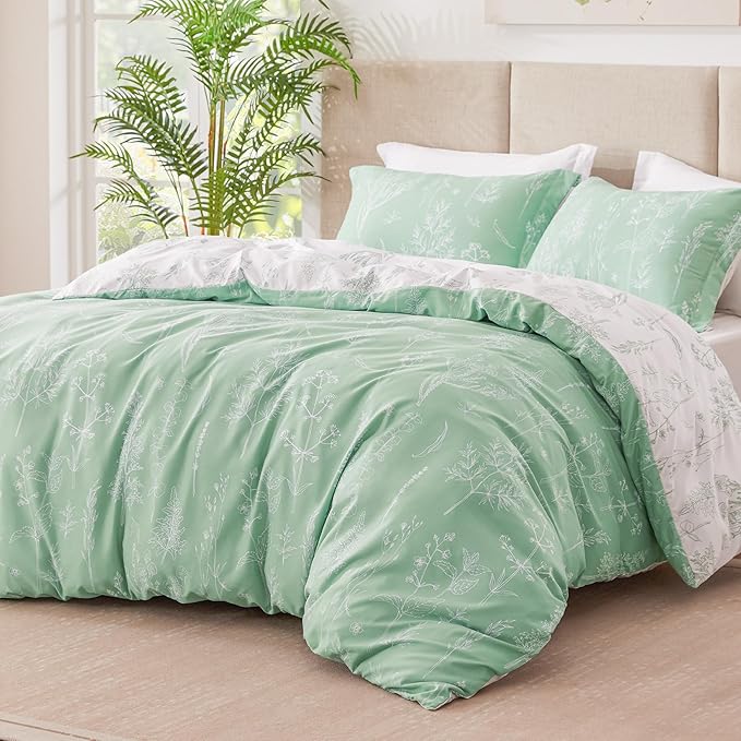 Love's cabin Sage Green Comforter Set Queen - Queen Size Comforter Set, 3 Pieces Cute Floral Bedding Sets for All Seasons,1 Soft Reversible Botanical Flowers Comforter and 2 Pillow Shams