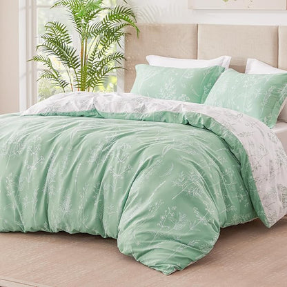 Love's cabin Sage Green Comforter Set Queen - Queen Size Comforter Set, 3 Pieces Cute Floral Bedding Sets for All Seasons,1 Soft Reversible Botanical Flowers Comforter and 2 Pillow Shams