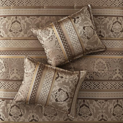 Madison Park Bellagio Cozy Comforter Set - Luxurious Jaquard Traditional Damask Design, All Season Down Alternative Bedding with Matching Shams, Decorative Pillow, King(104"x92"), Brown/Gold 7 Piece