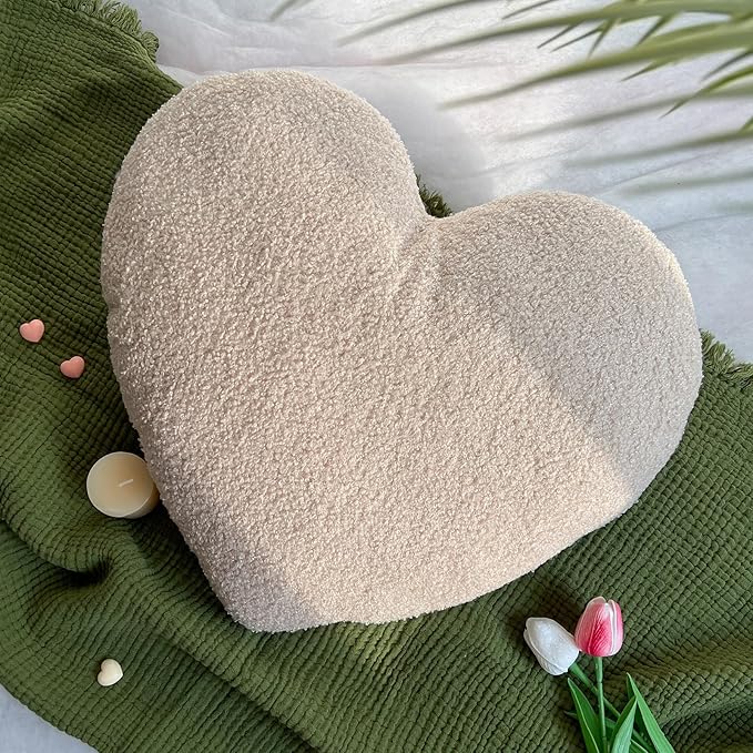 EastTree Heart Pillows, Off White Heart Shaped Pillows, Love Throw Pillows, Cute Sherpa Heart Decor, Large Fluffy Pillows, Women Girls Living Bedroom Home Decoration 15x18 Inch