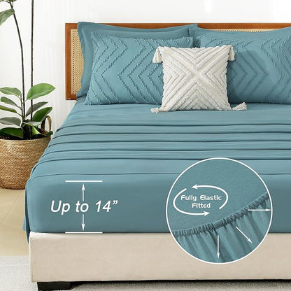 Litanika Grayish Teal California King Size Comforter Set with Sheets - 7 Pieces Bed in a Bag California King Boho Tufted Complete Bedding Sets with Comforter, Sheets, Pillowcases & Shams