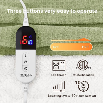 Heated Blanket Electric Blanket Twin Waffle, 62x84 Inches Sherpa Fleece Fast Heating Blanket 6 Heating Levels & 10 Hours Auto Off ETL Certification, Sage Twin