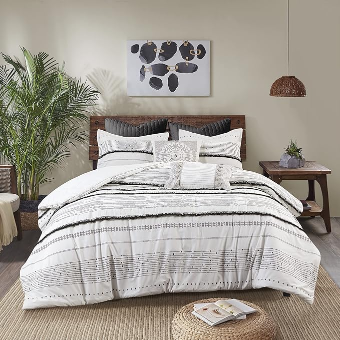 INK+IVY Luxurious Cotton-Bedding Set - Mid Century Trendy Geometric Design, All Season Cozy-Cover With Matching-Shams, Full/Queen, Nea Trims Black/Multi