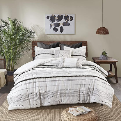 INK+IVY Luxurious Cotton-Bedding Set - Mid Century Trendy Geometric Design, All Season Cozy-Cover With Matching-Shams, Full/Queen, Nea Trims Black/Multi
