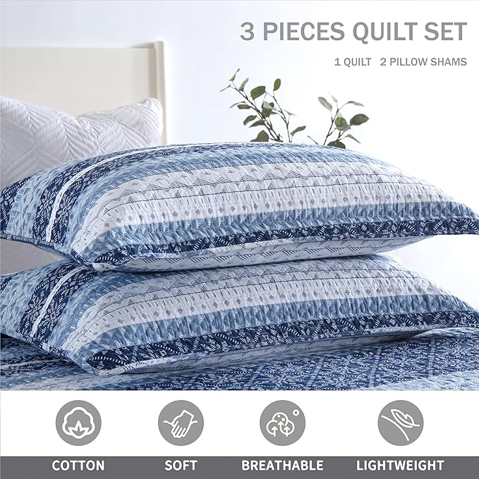 Homzard Quilt King Size,Blue White Snowflake Striped Quilt Bedding Set, Cotton Boho Gemetic Comforter Set, Lightweight Comforter King Size (106 * 98 Inches) with 2 Pillow Shams