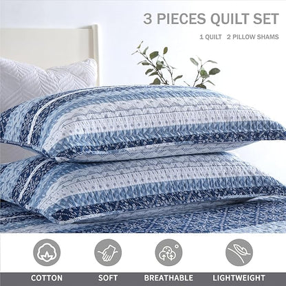 Homzard Quilt King Size,Blue White Snowflake Striped Quilt Bedding Set, Cotton Boho Gemetic Comforter Set, Lightweight Comforter King Size (106 * 98 Inches) with 2 Pillow Shams