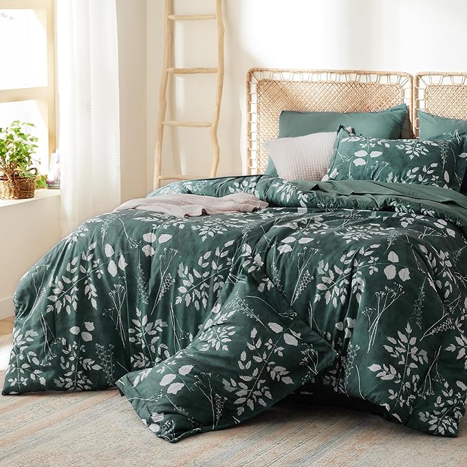 Bedsure Twin Comforter Set - 5 Pieces Floral Forest Green Soft Bedding Sets, Twin Bed in a Bag with Botanical Flowers Comforter, Sheets, Pillowcase & Sham
